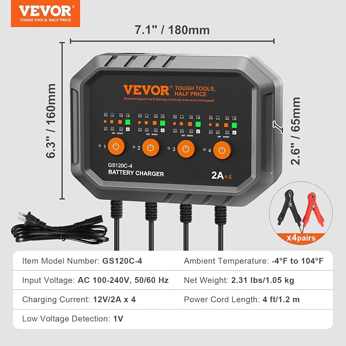 VEVOR Smart Battery Charger, 2A x 4, LiFePO4 Lead-Acid (AGM/Gel/SLA) Car Battery Charger, Fully-Automatic Charger Maintainer Desulfator for Boat Motorcycle Lawn Mower Golf Cart Marine Deep Cycle