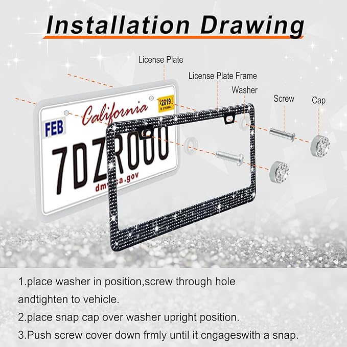 GaRhomxy Bling License Plate Frames for Women, 2 Pack Handcrafted Sparkly Rhinestone Car Accessories, Premium Stainless Steel Frame with 1000+ Faceted Glass Crystals & Free Glitter Caps (Black)