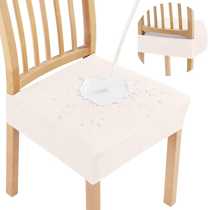 Smiry Waterproof Seat Covers for Dining Room Chairs Set of 2, Stretch Jacquard Removable Washable Chair Seat Slipcovers Protector, No Rear Covers, Ivory