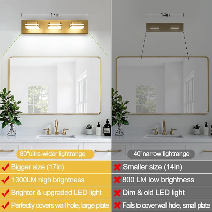 Torondo 360° Rotate LED Bathroom Vanity Light Fixtures, Acrylic Vanity Lights for Bathroom, Modern Wall Lighting Fixtures Over Mirror Living, Gold, Natural White, 3-Light, 17-Inch