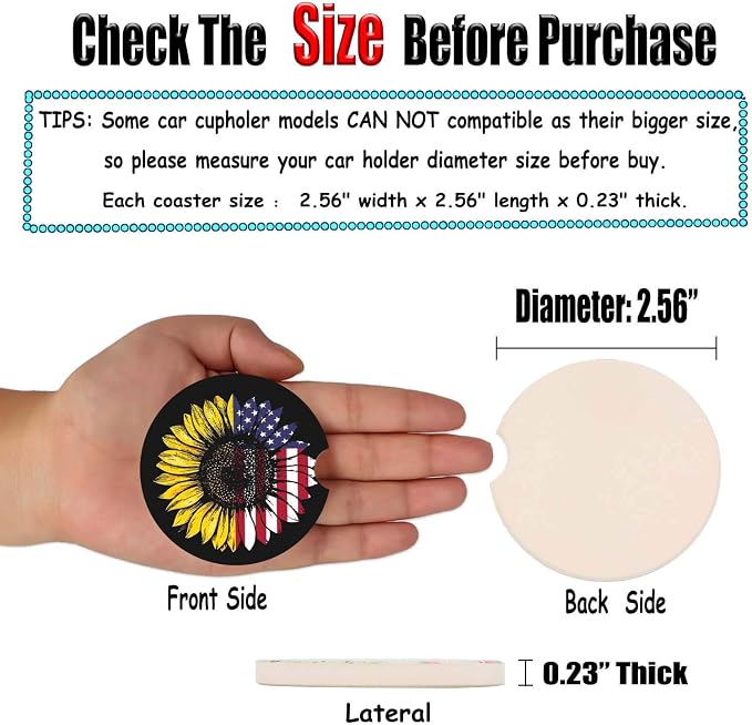 Sunflower & USA Flag 2.56" Car Coasters 2-Pack - Absorbent Ceramic Auto Coasters for Cup Holders, Keeps Your Car Clean & Dry