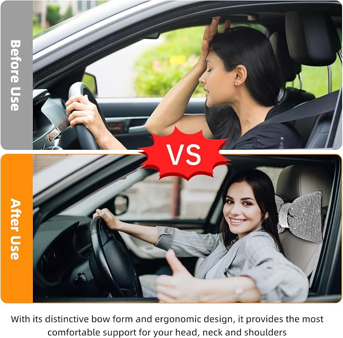 ChuLian 2 PCS Bling Car Pillows, Rhinestones Bowknot Bling Car Headrest Pillow, Car Neck Pillow for Driver Cool Relax Necksupport, White Crystal Diamond Car Accessories for Women