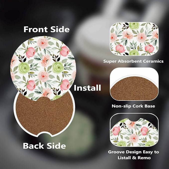 Ceramic Car Cup Coasters 2PCS - Hibiscus Rose | with Cork Back & Finger Slot, Anti-Slip Shock Absorbing, Universal Car Interior Accessories for Men Women