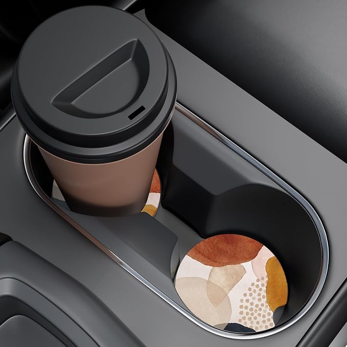Car Cup Holder Coaster, Car Coasters for Cup Holders, 2 Pack Universal Anti Slip Insert Absorbent Ceramic Auto Interior Accessories with A Finger Notch & Cork Base, Simple Abstract Art