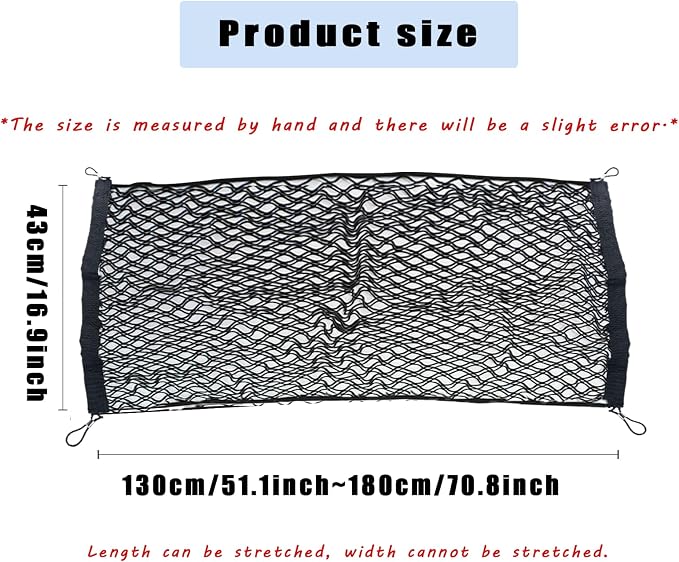 Truck Bed Cargo Net, Cargo Storage Elastic Mesh Bag (51 * 18In) | Organizer Net Bag Automotive Cargo Nets with 4 Buckles Screws Hooks Clips Trunk Storage Net for Pickup Truck Bed