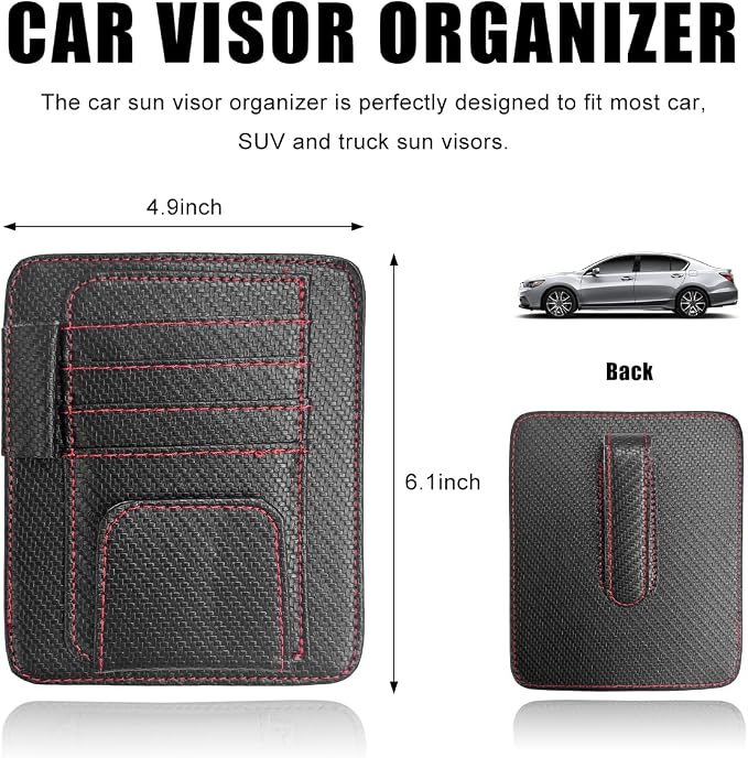 povtii Car Sun Visor Organizer, Multifunctional Vehicle Sun Visor Folder with Sunglasses Clip, Universal Interior Car Accessories (Red Carbon Fiber)