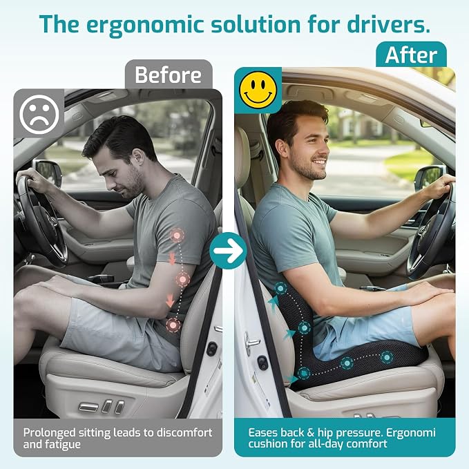 Trucker Seat Cushion, Thick Car Seat Cushions with Lumbar Support Pillow, Ergonomic L-Shaped Orthopedic Memory Foam for Long Driving Lower Back Pain Sciatica Relief, Gift for Drivers (Black+WE)