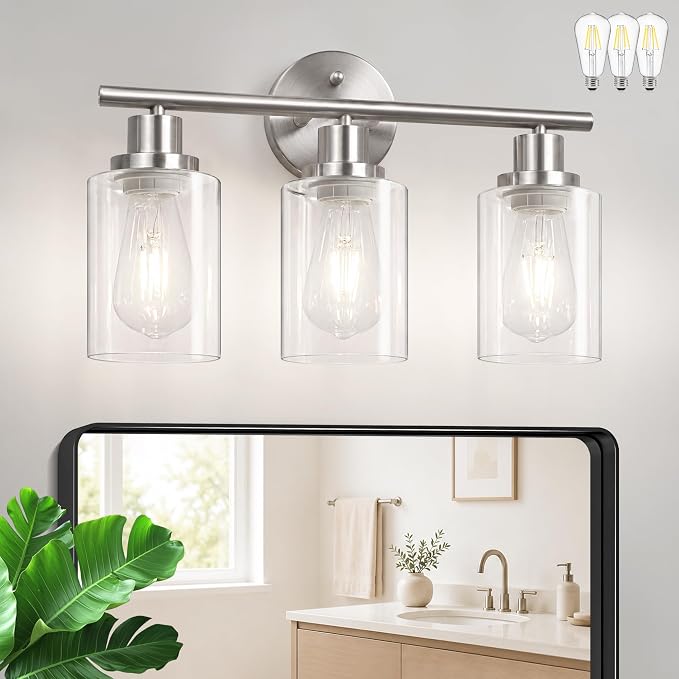 Unicozin Modern Bathroom Light Fixtures, 3 Light Vanity Lights with E26 Bulbs, Brushed Nickel Wall Lamp with Clear Glass for Mirror Living Room Hallway Cabinet Porch