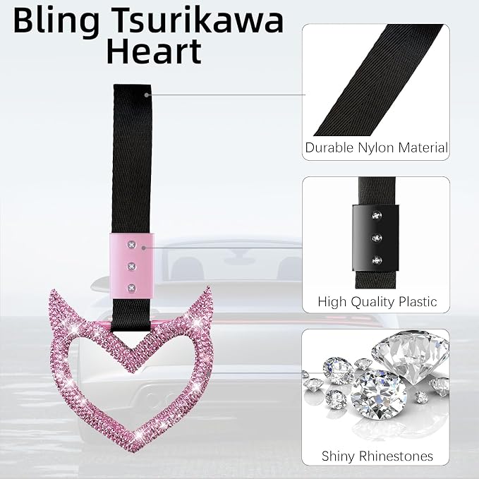 NBTEPEM Bling Heart Handle Keychains Bling Car Accessories for Women Hand Strap Drift Charm Rear Bumper Warning Ring Tsurikawa Heart Decor for Car Interior Exterior Decoration (Pink, Devil Style)