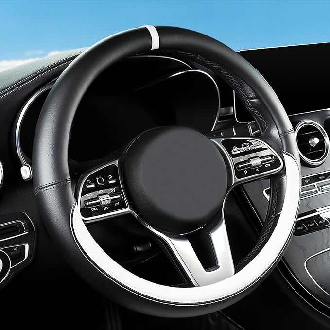 Black & White Nappa Leather Steering Wheel Cover, 14.5-15 inch Universal Car Steering Wheel Cover Non-Slip Breathable Absorbing Sweat Car Accessories
