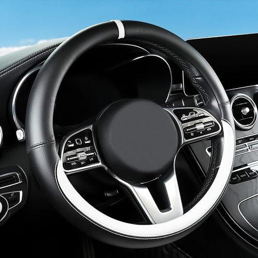 Black & White Nappa Leather Steering Wheel Cover, 14.5-15 inch Universal Car Steering Wheel Cover Non-Slip Breathable Absorbing Sweat Car Accessories