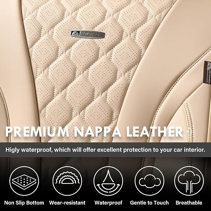 Coverado Car Seat Covers, Leather Seat Covers Full Set, Beige Seat Covers, Perforated Diamond Leather Car Seat Cover, Breathable Car Seat Cushion, Waterproof Car Seat Protector Fit for Most Cars