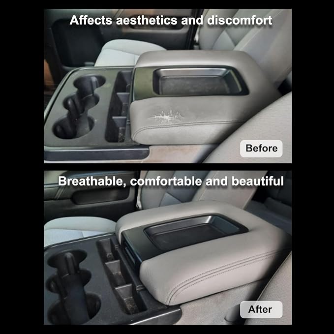 SecosAutoparts Light Gray Leather Center Console Leather Lid Armrest Cover Replacement Compatible with Chevy Silverado 2014-2018 Compatible with GMC Sierra 2014 2015 2016 2017 2018
