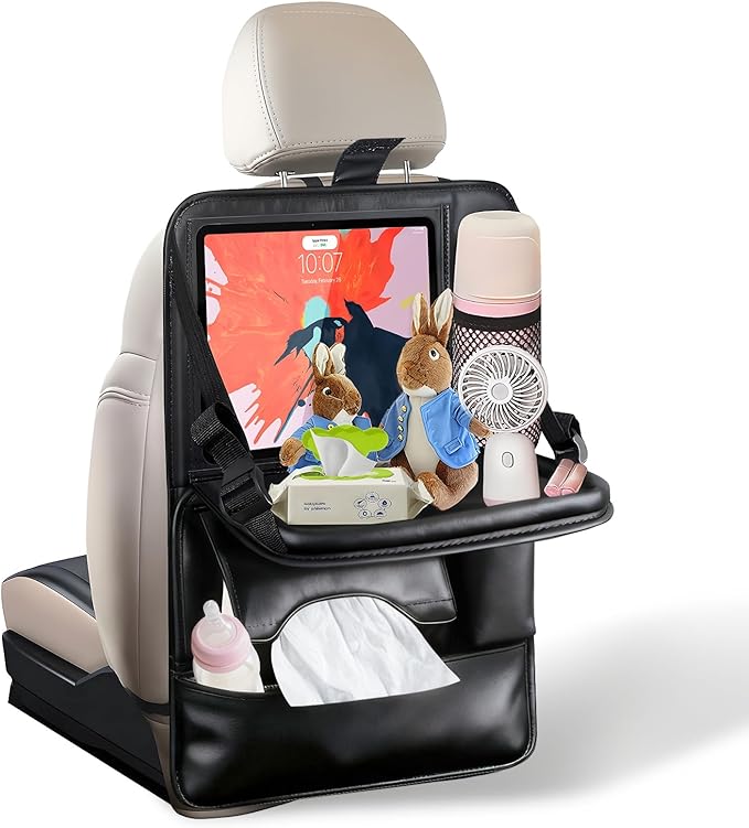 1-Pack Leather Car Backseat Organizer with Tablet Holder–Foldable Food Tray,Storage Pockets,Trash Can,Tissue Holder & Insulated Bag–Kick Mats Protector for Kids,Travel Accessories Organizer