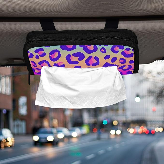 Car Tissue Holder Car Napkin Holder Tissue Box Dispenser Storage Case Sun Visor Mask Holder Accessories with Adjustable Straps Reusable Refillable Neon Gradient Leopard Print