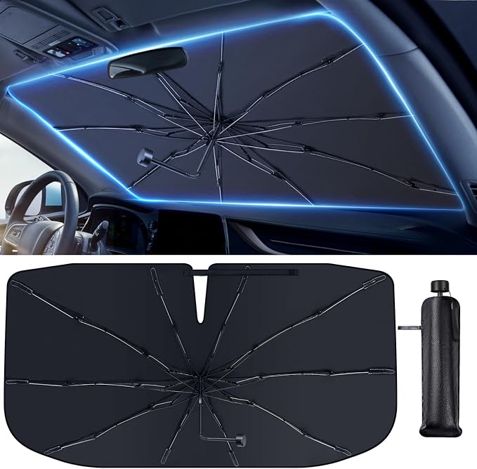 Pleneal Windshield Sun Shade Umbrella, 55" x 31" Foldable Car Sun Shade | 55" x 31", Titanium Silver Reflective Material, Bendable Shaft, High Tenacity Ribs, One-piece Opening Design, Storage Bag