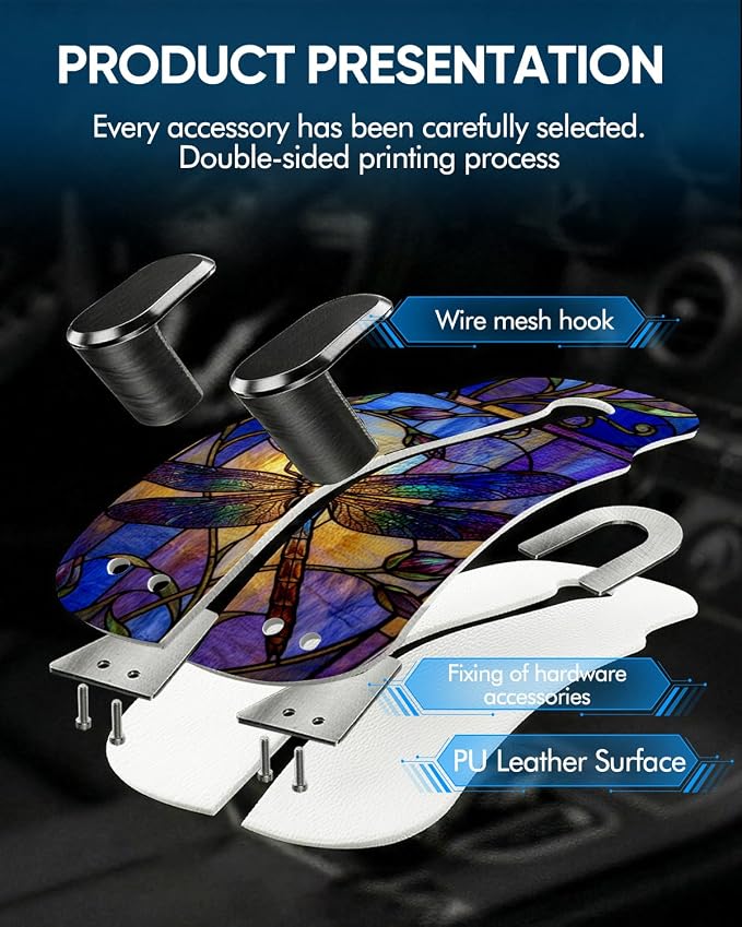 WOCOCN Purse Holder for Car, 2 Pack Heavy Duty Purse Hanger for Car, PU Leather Car Seat Hooks for Purses and Bags, Cute Dragonfly Headrest Organizer for Handbags & Backpacks