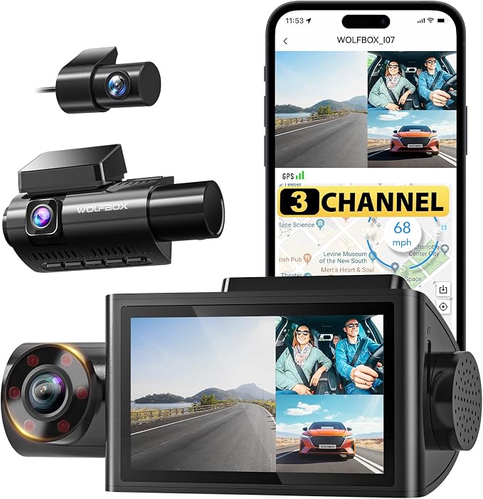 WOLFBOX i07 3 Channel Dash Cam Built-in WiFi GPS, 4K Dash Camera Front and Inside, 1440P+1080P+1080P Triple Car Camera with 3" LCD Screen,IR Night Vision, 24H Parking Mode(Card Not Included)