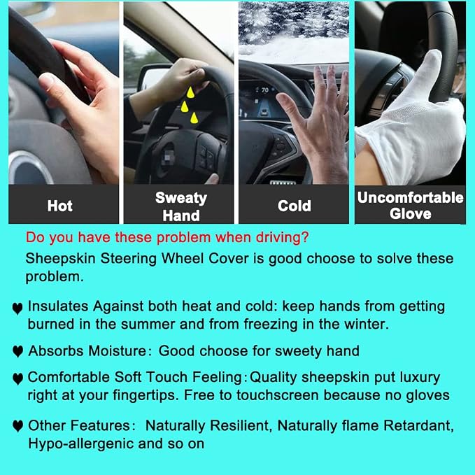 Soft Fluffy Sheepskin Car Steering Wheel Cover for Universal Auto Vehicle Women Man 14 1/2 inch-15 1/2inch Fuzzy Accessories (Teak)