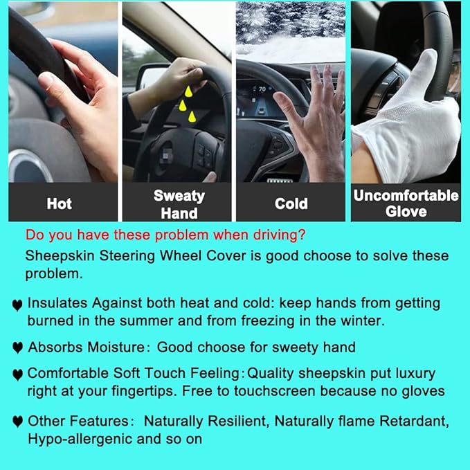 Fuzzy Fluffy Fur Wool Fuzzy Sheepskin car Steering Wheel Cover for Universal Steering Wheel 14 1/2inch-15 1/2inch Protector Accessories, Anti-Slip,Comforting and Luxurious, Soft Texture