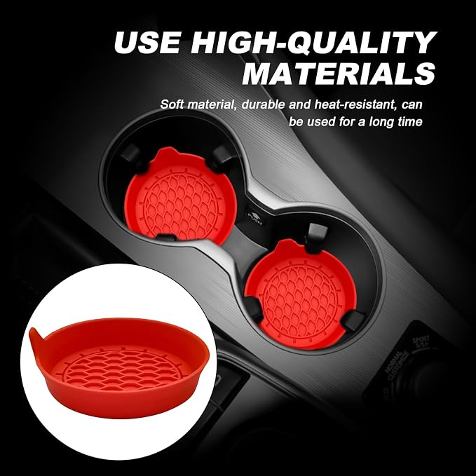 4-Pack Universal Cup Holder Coasters, Black Silicone Inserts - Keep Your Car Clean with Non-Slip & Spill-Proof Coasters for All Vehicles (Red)