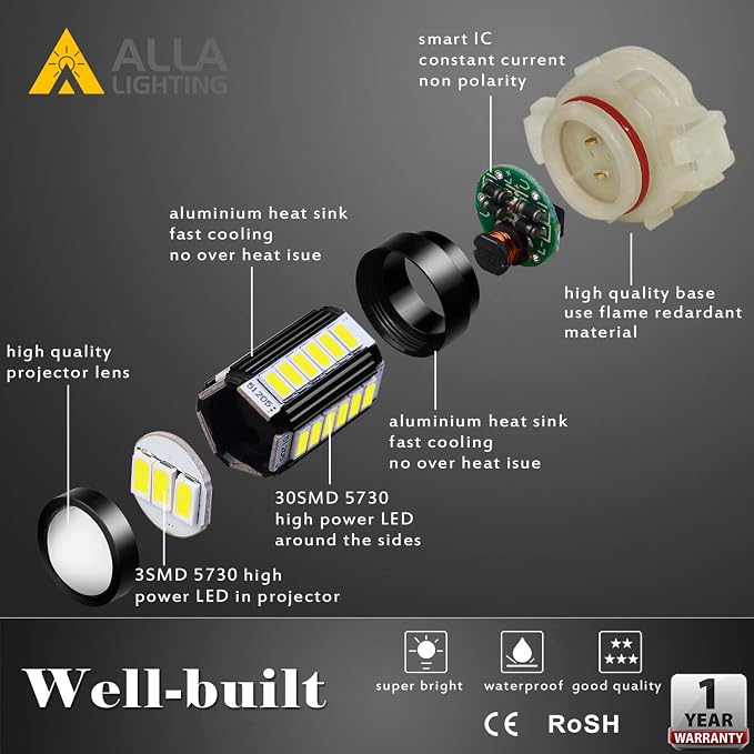 Alla Lighting Super Bright 5202 PS19W LED Fog Light Bulbs PS24WFF 5201 DRL, 6000K Xenon White 2800Lms 12V Replacement 5730 33-SMD LEDs
