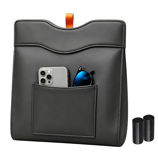 COZILO Leather Car Trash Can, Leak-Proof Odor-Lock Car Garbage Can with 60 Liners, Magnetic Closure & Liner-Hold, Storage Pocket, Metal Hooks, Hanging Car Trash Bin for SUV Sedan Truck, Black