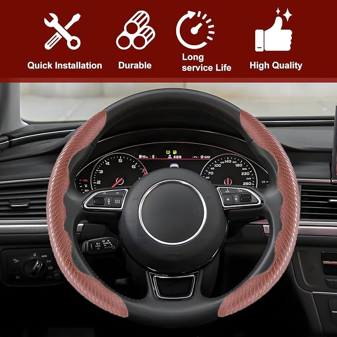 Universal Fit Carbon Fiber Steering Wheel Cover, Segmented Steering Wheel Protector, Carbon Fiber Anti-Skid Steering Wheel Cover Car Interior Accessories (2 Pcs Brown)