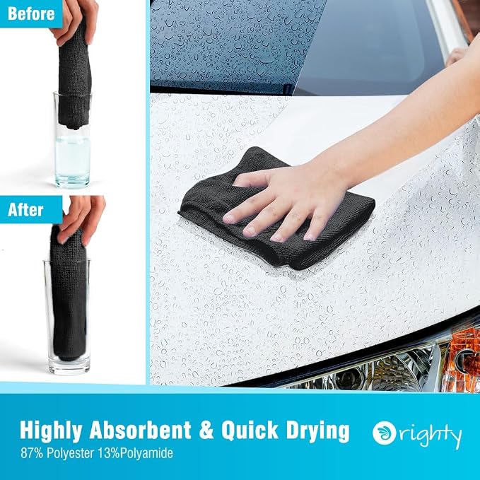 Orighty Microfiber Cleaning Cloth, Cleaning Rags, 24 Pack, 12x11 in, Black | Microfiber Towels for Cars, Soft Highly Absorbent Rag, Lint Free Cloths for Car Care, House, Kitchen
