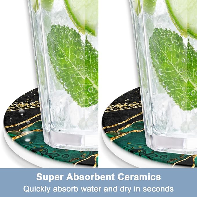 Nipichsha Car Coasters for Cup Holders, 2 Pack Absorbent Ceramic Car Cup Holder Coaster for Drinks, Cute Auto Assecories for Women, Universal Size 2.56 in with Finger Notch & Cork Base, Green Marble