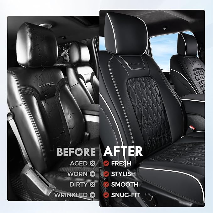 Coverado Premium Leather Full Set Seat Covers Waterproof Heavy-Duty Protectors Custom Fit for Ford F150 (2015-2026) F250/F350/F450 (2017-2026)-Black w/White Stitching, Wear-Resistant