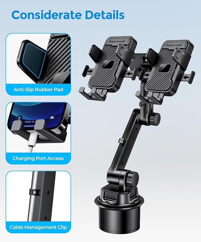Dual Cup Holder Phone Mount for Car, Fits Two 4-7.2" Phones | Dual Cup Holder Phone Mount for Car, Holds 2 Phones, Adjustable Base 2.55"-3.66", 360° Long Arm, Fits 4-7.2" iPhone & Android