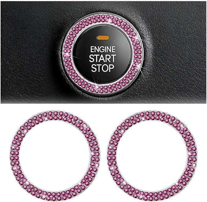 Bling Car Engine Start Ring Decals, 2PCS Sparkling Crystal Rhinestone Vehicle Push to Start Button Sticker, Diamond Auto Key Ignition Knob Decorative Ring, Universal for Vehicles (Purple Red)