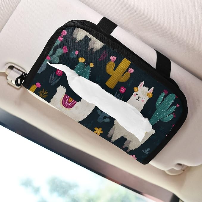 Car Tissue Holder Car Napkin Holder Car Tissue Box Dispenser Storage Case Sun Visor Mask Holder with Adjustable Straps Reusable Refillable White Llama Green Cactus