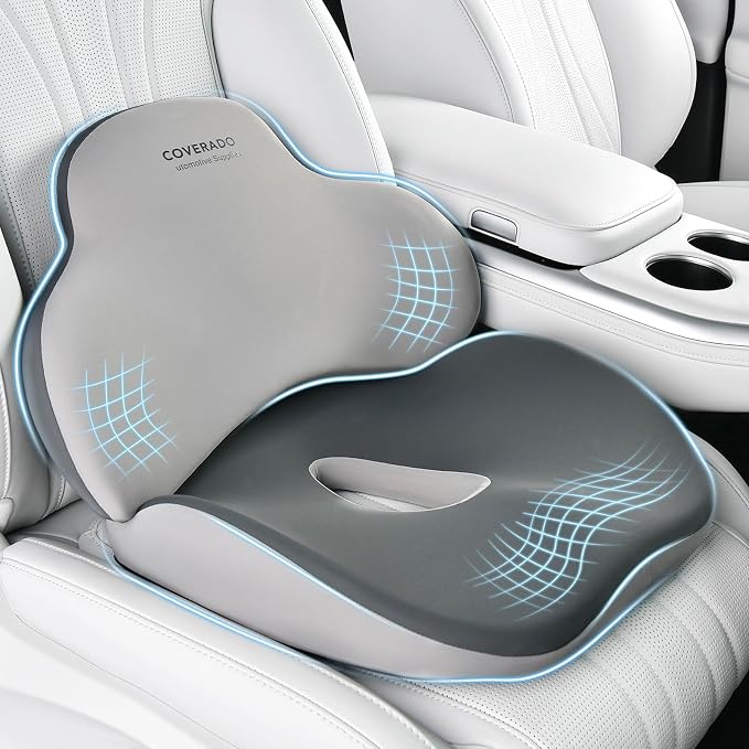 Coverado Car Seat Cushion and Lumbar Support Pillow, Memory Foam Ergonomic Back Support Driving Seat Cushion for Sciatica, Tailbone, Back Pain, Non-Slip Washable Cushion for Car, Driver, Office