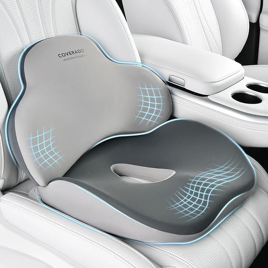 Coverado Car Seat Cushion and Lumbar Support Pillow, Memory Foam Ergonomic Back Support Driving Seat Cushion for Sciatica, Tailbone, Back Pain, Non-Slip Washable Cushion for Car, Driver, Office