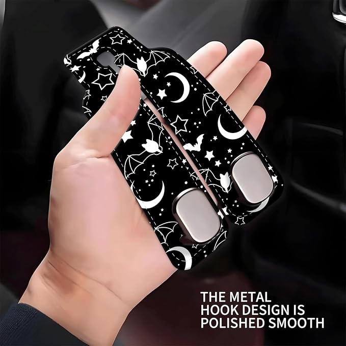 Car Seat Headrest Hook, Universal Leather Cute Hanger Holder Hook, Storage Organizer Interior Accessories for Purse Bags Handbag Black Cute Bats Moon