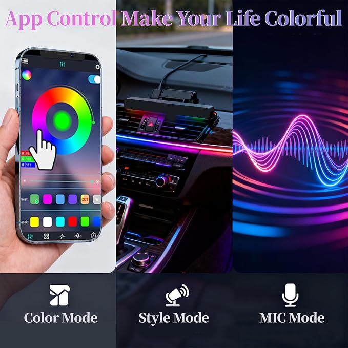 DIBMS APP Controlled RGB Car Interior Light Strip, 43.3 Inches Acrylic Auto Ambient Lighting Kit with Dreamcolor Chasing, Center Console Dashboard Lamps with APP Remote Control