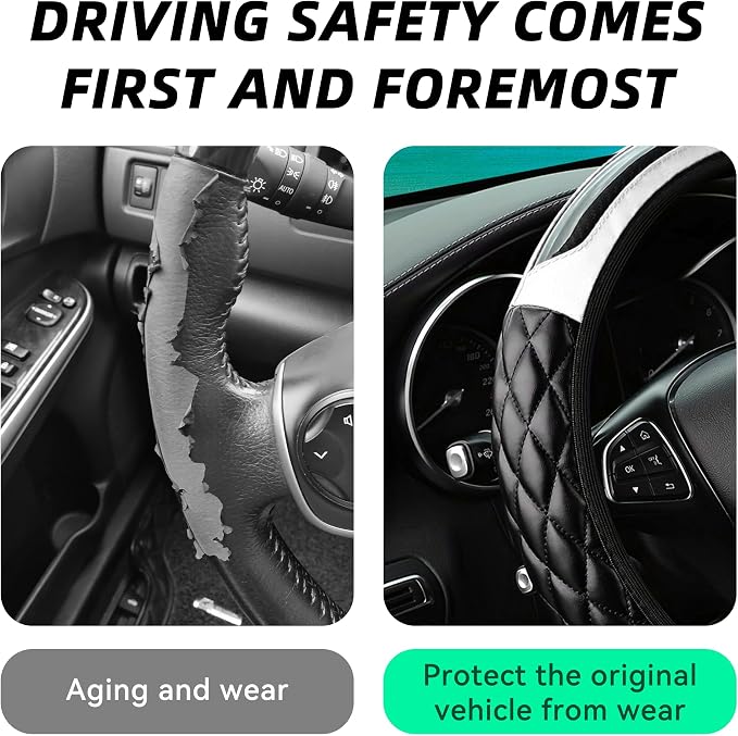 Car Steering Wheel Cover, 14.5-15inch Leather Anti-Slip Car Wheel Cover Protector, Safety Comfortable Desgin, Universal Auto Steering Wheels Accessories for Cars Truck SUV (White)