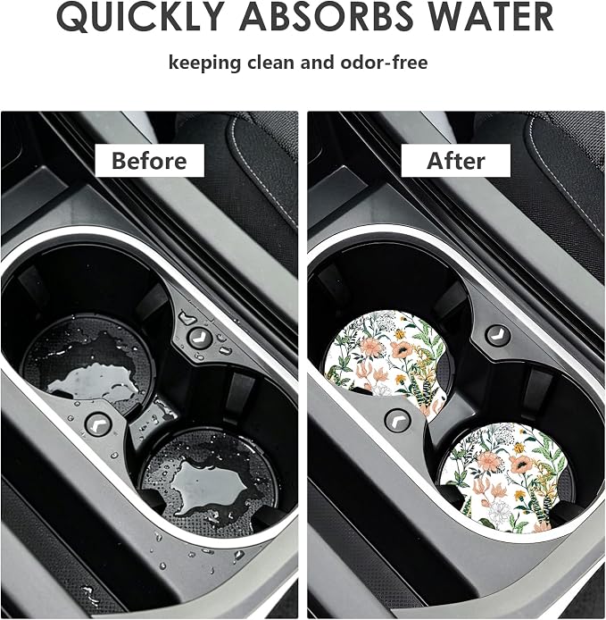 2 Pack Car Coasters，2.75-inch Neoprene Non-Slip Cup Holder Coasters for Car，Cute Car Interior Accessories for Men and Women，White Flower
