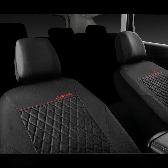 CAR PASS Quilting Leather Seat Cover Two Front Seats Only, Universal Fit Automotive Front Seat Covers Waterproof Deluxe PU Premium Vinyl Luxury for Cars Sedan Van SUV Airbag Compatible 2 Pieces,Black