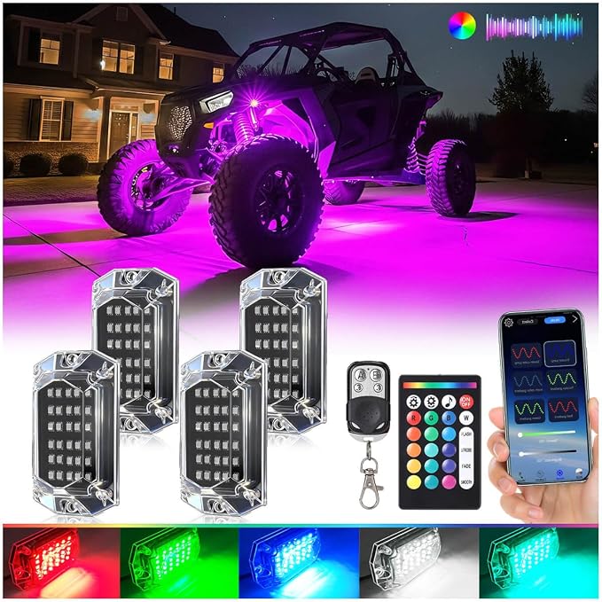 4Pods Full Angle RGB LED Rock Light Full Kit for ATV UTV RZR SXS Can-Am Four Wheeler Quad Side by Side Offroad Golf Cart with APP/RF Remote,Waterproof Multicolor Underglow Light 120Chip Music Mode 12V