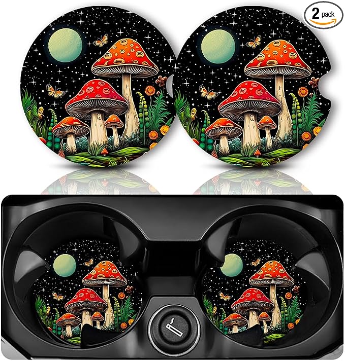 Yonlevres Car Coasters for Cup Holders，2.75" Anti Slip Rubber Mat with A Finger Notch, 2 Pack Car Cup Holder Coasters for Car Interior Accessories for Women Men Mushroom