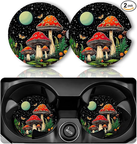 Yonlevres Car Coasters for Cup Holders，2.75" Anti Slip Rubber Mat with A Finger Notch, 2 Pack Car Cup Holder Coasters for Car Interior Accessories for Women Men Mushroom