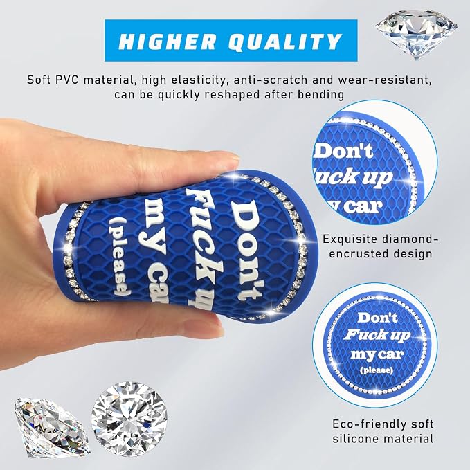 4 PCS Bling Car Cup Coaster, 2.75 Inch Anti-Slip Cup Holder Insert Coasters, Universal Crystal Rhinestone Auto Drink Car Cup Mat, Interior Car Accessories for Women Girls (Dark Blue)