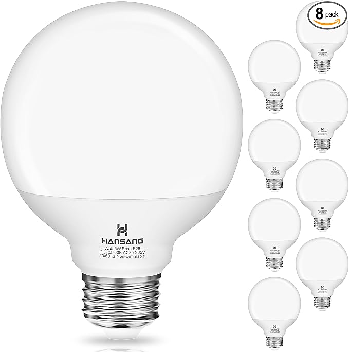8 Pack Vanity Light Bulbs for Bathroom, 2700K Warm White E26 Base Round LED Globe Bulb, 40W Equivalent, G25 Vanity Light Bulb for Makeup Mirror Bedroom 120V, CRI85+, 500LM, Non-dimmable