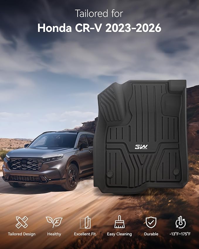3W Floor Mats & Cargo Liner Fit for Honda CR-V 2023 2024 2025 2026 (Include Hybrid), All Weather TPE Custom Fit Honda CRV Floor Liner 1st, 2nd Row and Trunk (Upper Positon) Full Set Car Mats Black