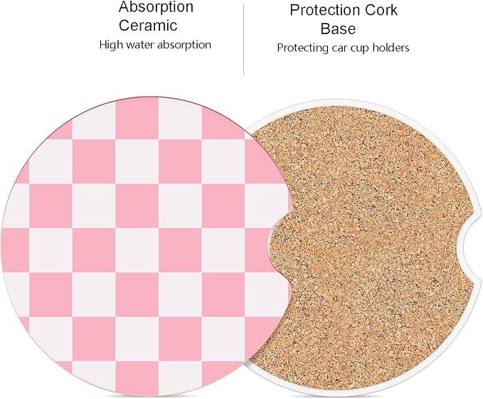 Ceramic Car Coasters – Absorbent Car Cup Holder Coaster Set for Women, Cute Aesthetic Car Accessories for Girls, 2 Pack (Pink)