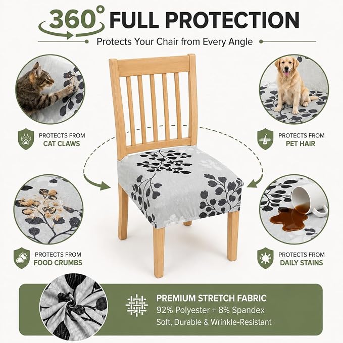 NILUOH Waterproof Seat Covers for Dining Room Chairs Set of 4, Stretch Printed Chair Seat Slipcovers Dining Chair Cover Removable Washable Chair Protctor Cover, Rear Covers