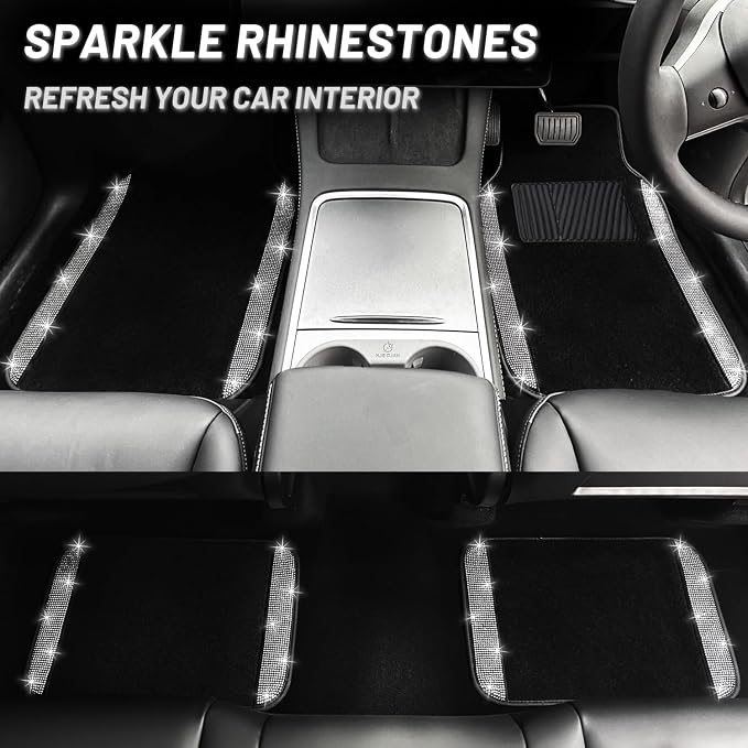 NBTEPEM Bling Car Floor Mats Full Set, Universal Fit Most Cars,SUV, Trucks, 4 pcs Sparkle Glitter Diamond Carpet for Women Girls with Anti-Slip Pad (Silver Diamond)